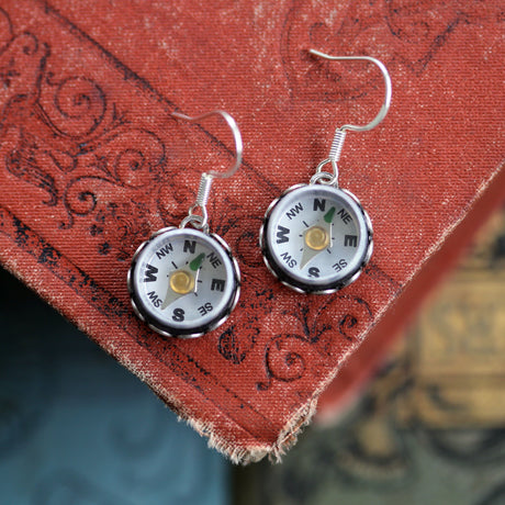 Small Working Compass Earrings in Antiqued Silver - Three Styles