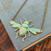 Green patina brass vintage style bee charm necklace by ragtrader vintage