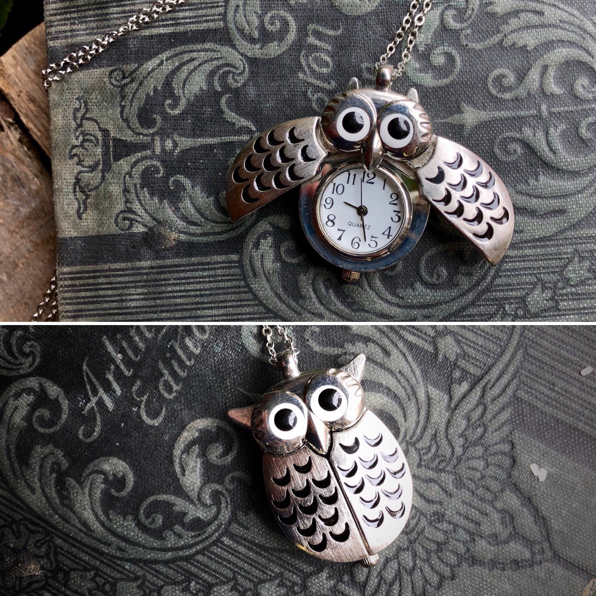 A bronze owl-shaped watch necklace with a quartz face. Two watches are displayed, one open and the other closed.