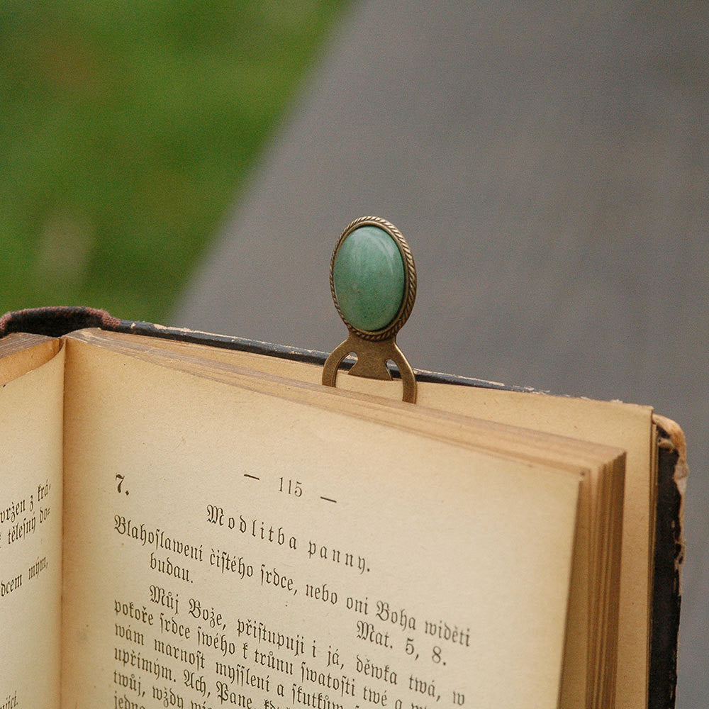 Antiqued brass metal clip bookmark with oval semi-precious oval stone cabochons in green aventuine for bookstore girl gift for student