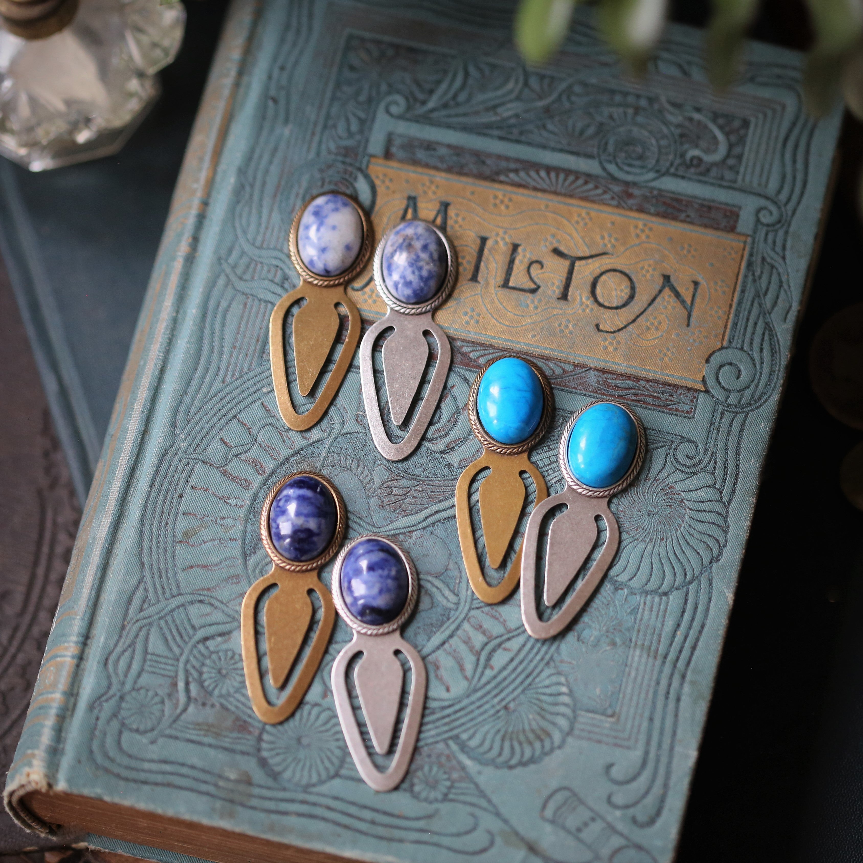 Antiqued brass and silver metal clip bookmarks with oval semi-precious oval stone cabochons in shades of blue howlite and sodalite gift for literary aficionado