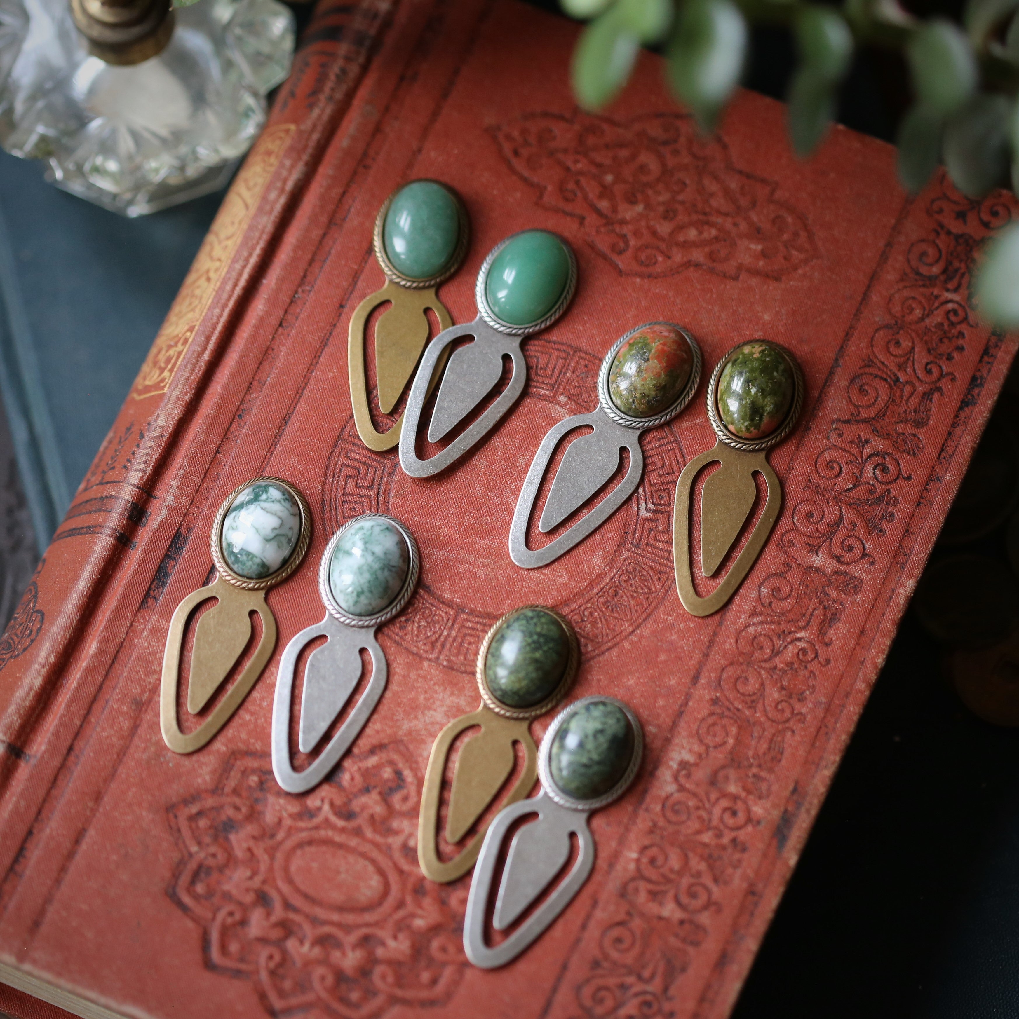 Antiqued brass and silver metal clip bookmarks with oval semi-precious stone cabochons in green aventurine unakite tree agate russian serpentine gift for author