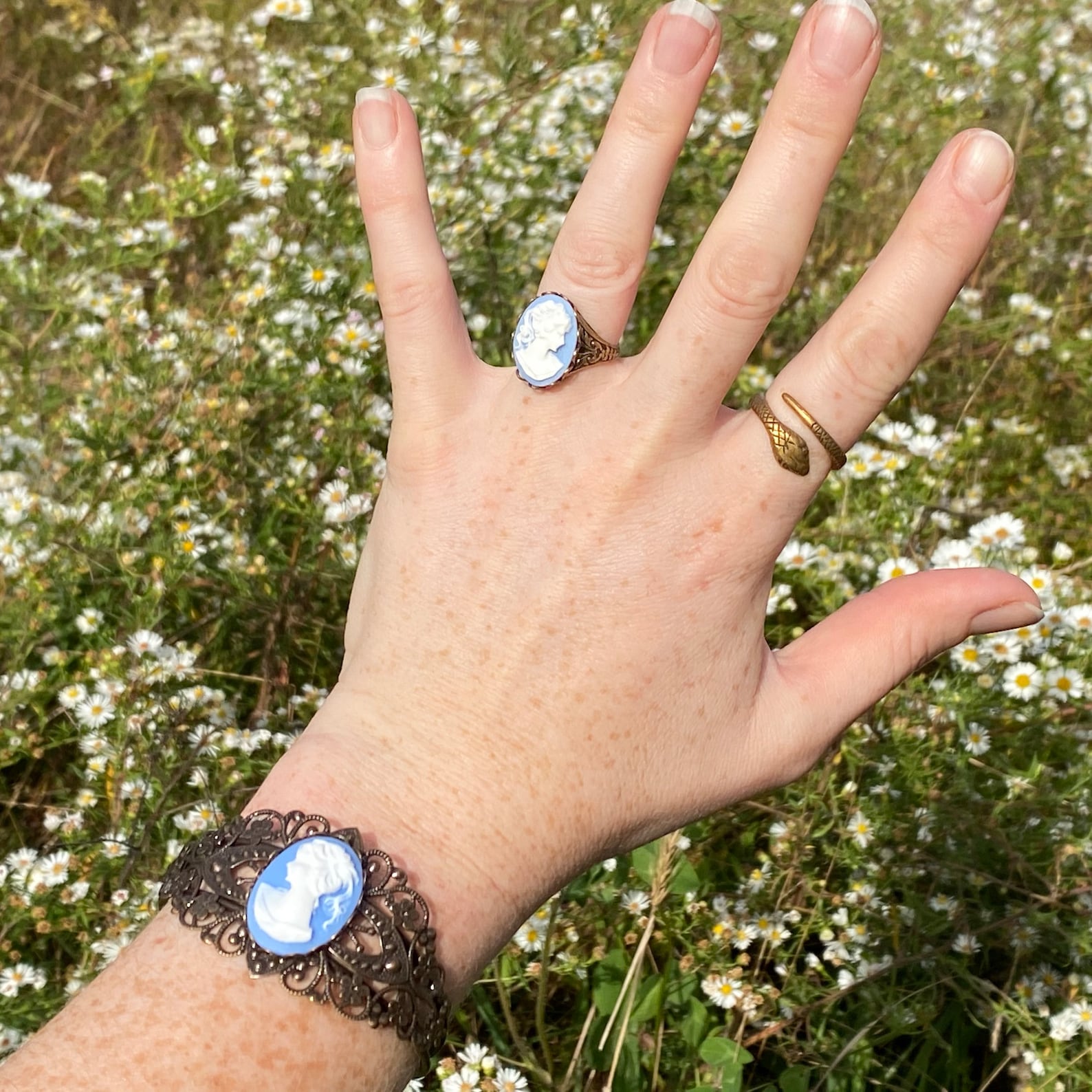 Antiqued brass Victorian lady cameo jewelry