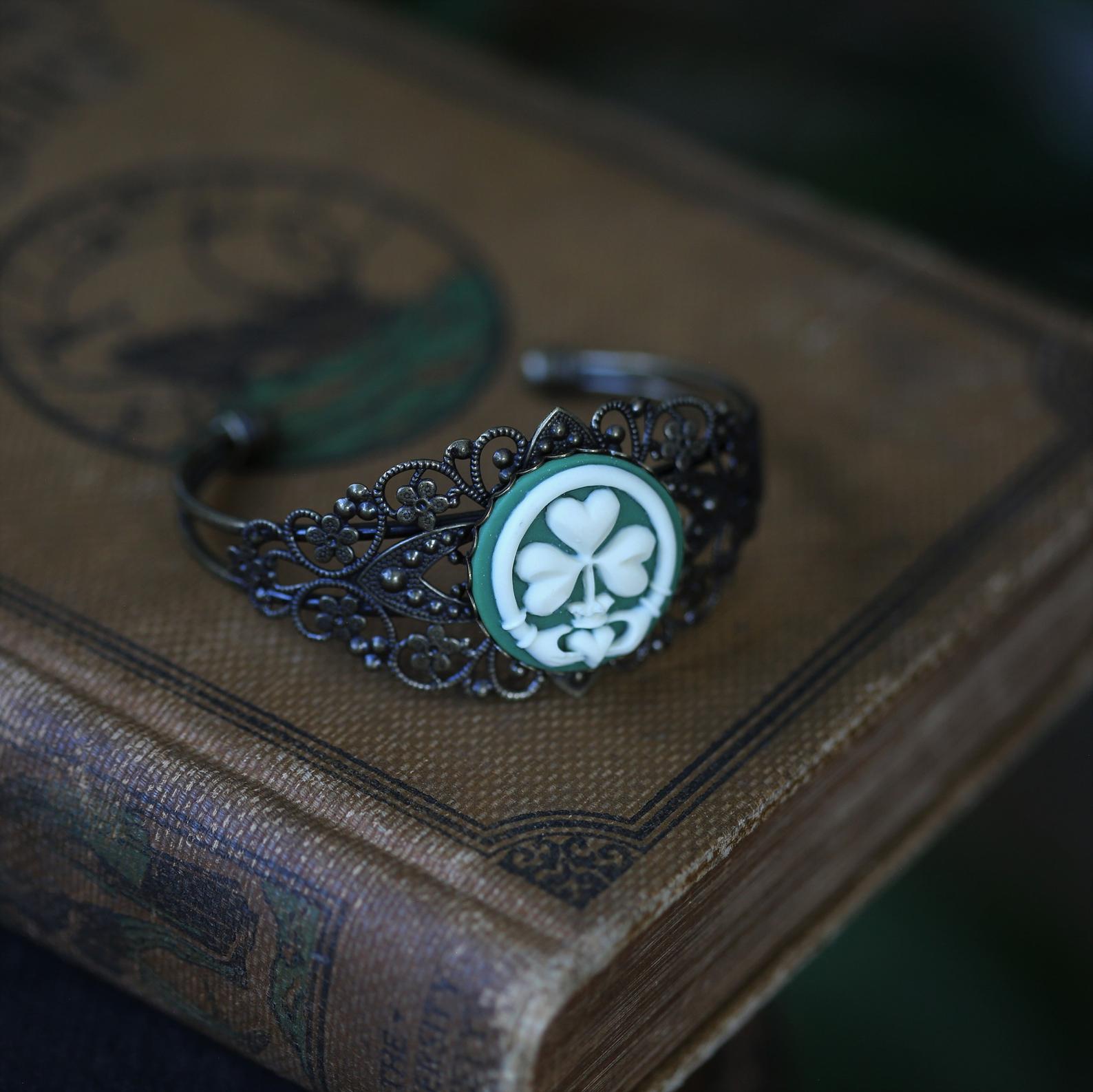 Claddagh Clover Cameo Cuff Bracelet