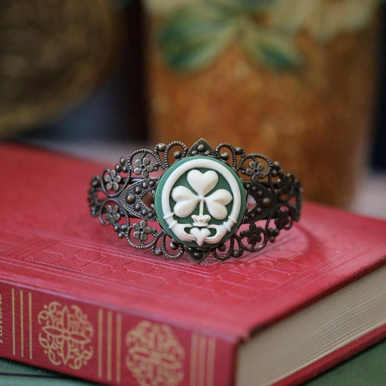 Claddagh Clover Cameo Cuff Bracelet