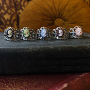 antiqued silver adjustable filigree ring with black green blue purple or pink lady cameo