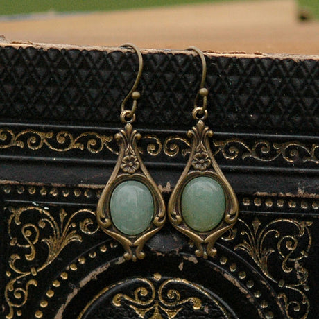 Antiqued brass vintage style stone drop aventurine oval mineral hook earrings.