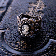 antiqued silver adjustable filigree ring with black and white lady cameo
