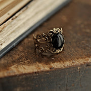 Black Onyx Stone Ring in Antique Brass