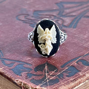 Antiqued silver retro vintage style adjustable ring with black and white angel cameo ring.