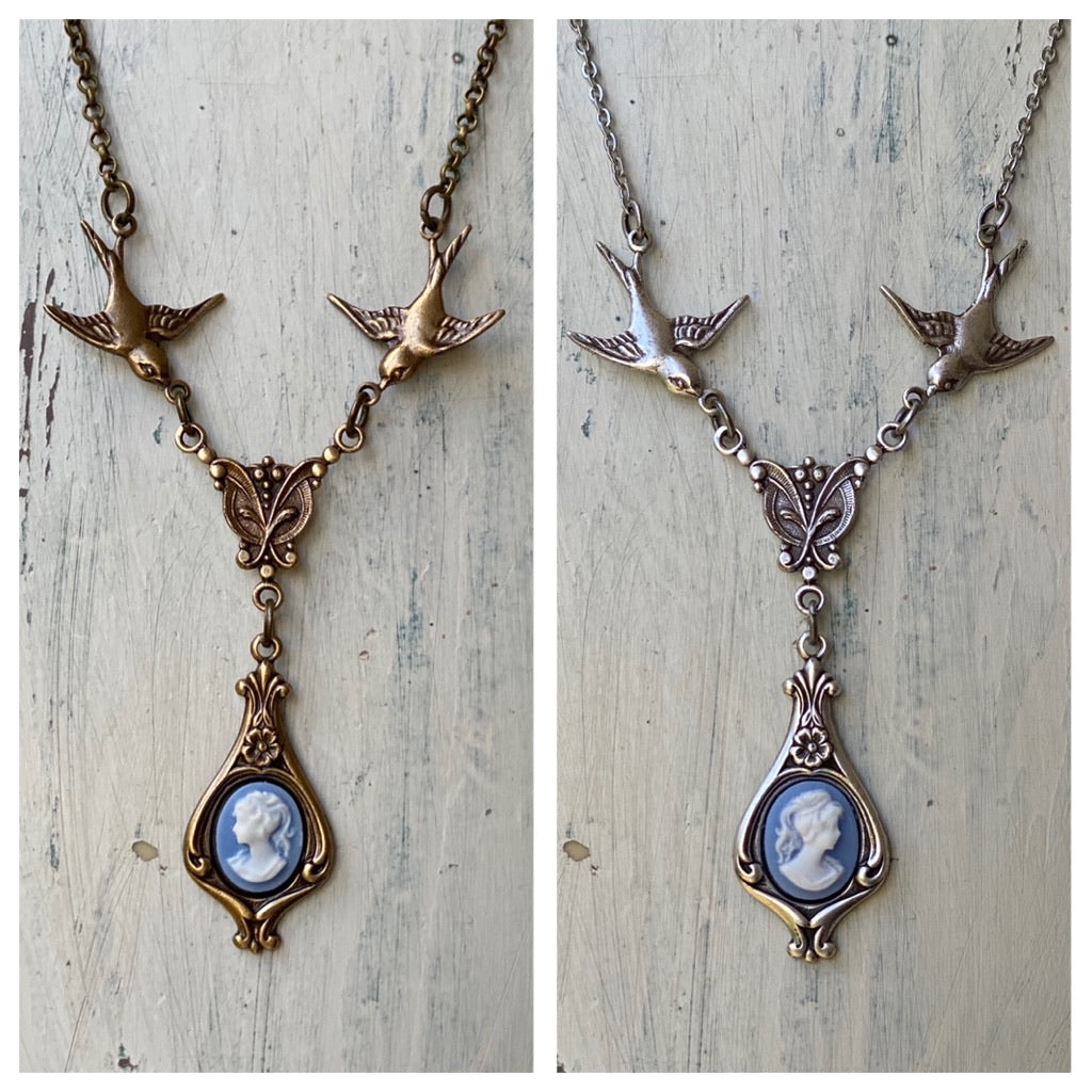 Lady Cameo Necklace with Birds
