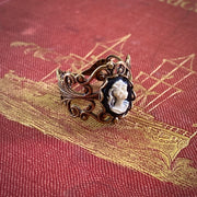 antiqued brass adjustable filigree ring with black and white lady cameo