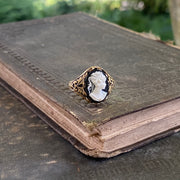 Antiqued brass vintage style adjustable ring with black and white cameo lady