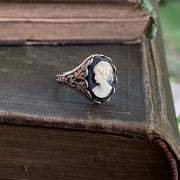 Antiqued silver vintage style adjustable ring with black and white cameo lady