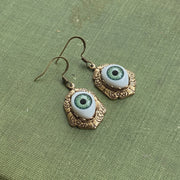 Eye Earrings in Antiqued Brass or Silver - Green, Blue or Brown Eye