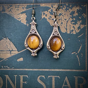 Antiqued brass vintage style stone drop brown tiger's eye oval mineral hook earrings.