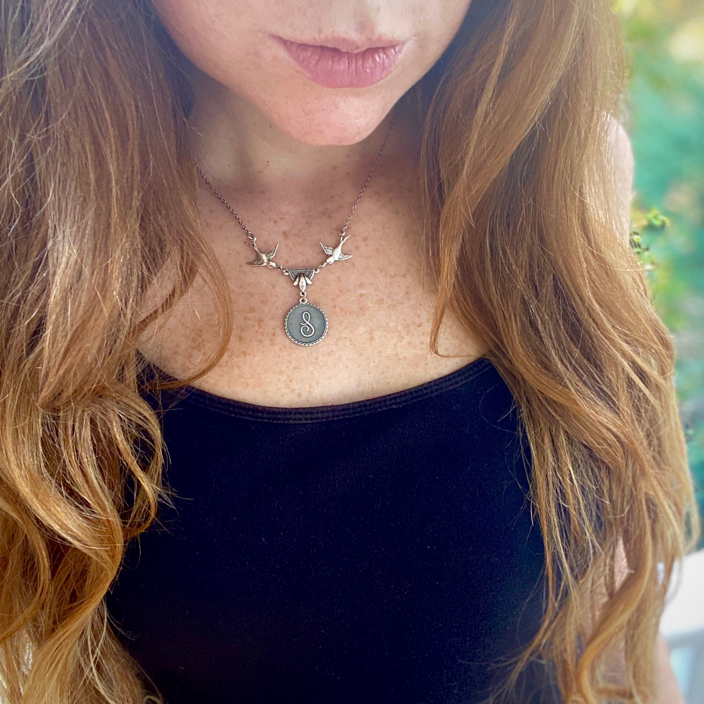 Initial Letter Necklace with Birds