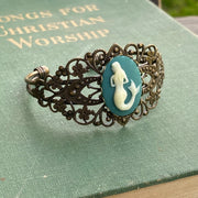Mermaid Filigree Cuff Bracelet in Turquoise or Black - Antiqued Brass