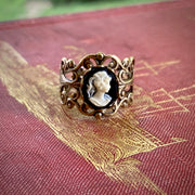 antiqued brass adjustable filigree ring with black and white lady cameo