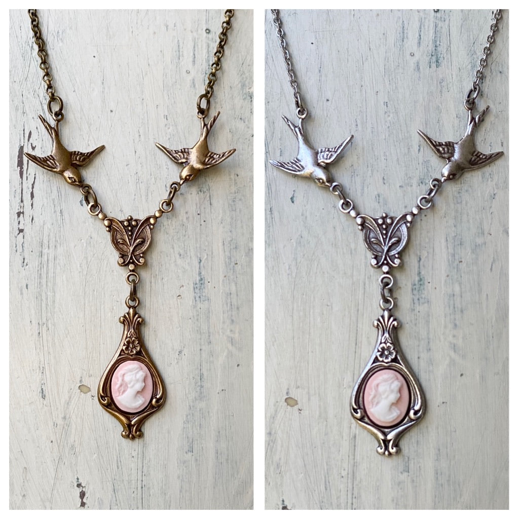 Lady Cameo Necklace with Birds