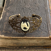 Thistle Cameo Cuff Bracelet- Adjustable Antiqued Bronze Vintage Victorian Filigree Style Thistle Horse