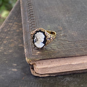 Antiqued brass vintage style adjustable ring with black and white cameo lady