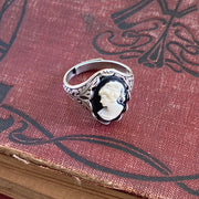 Antiqued silver vintage style adjustable ring with black and white cameo lady