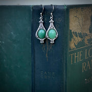 Antiqued silver vintage style stone drop aventurine oval mineral hook earrings.