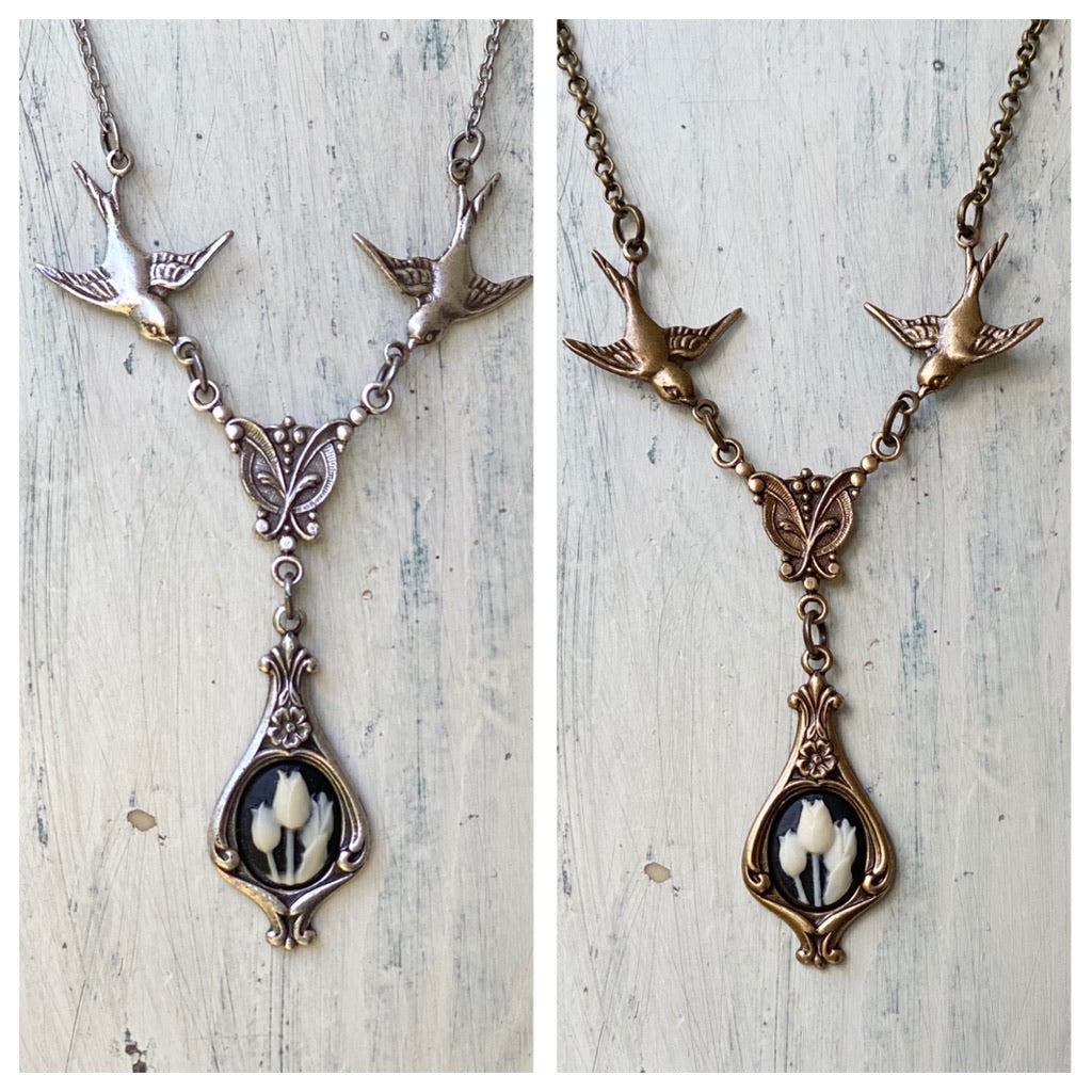Tulip Cameo Necklace with Birds