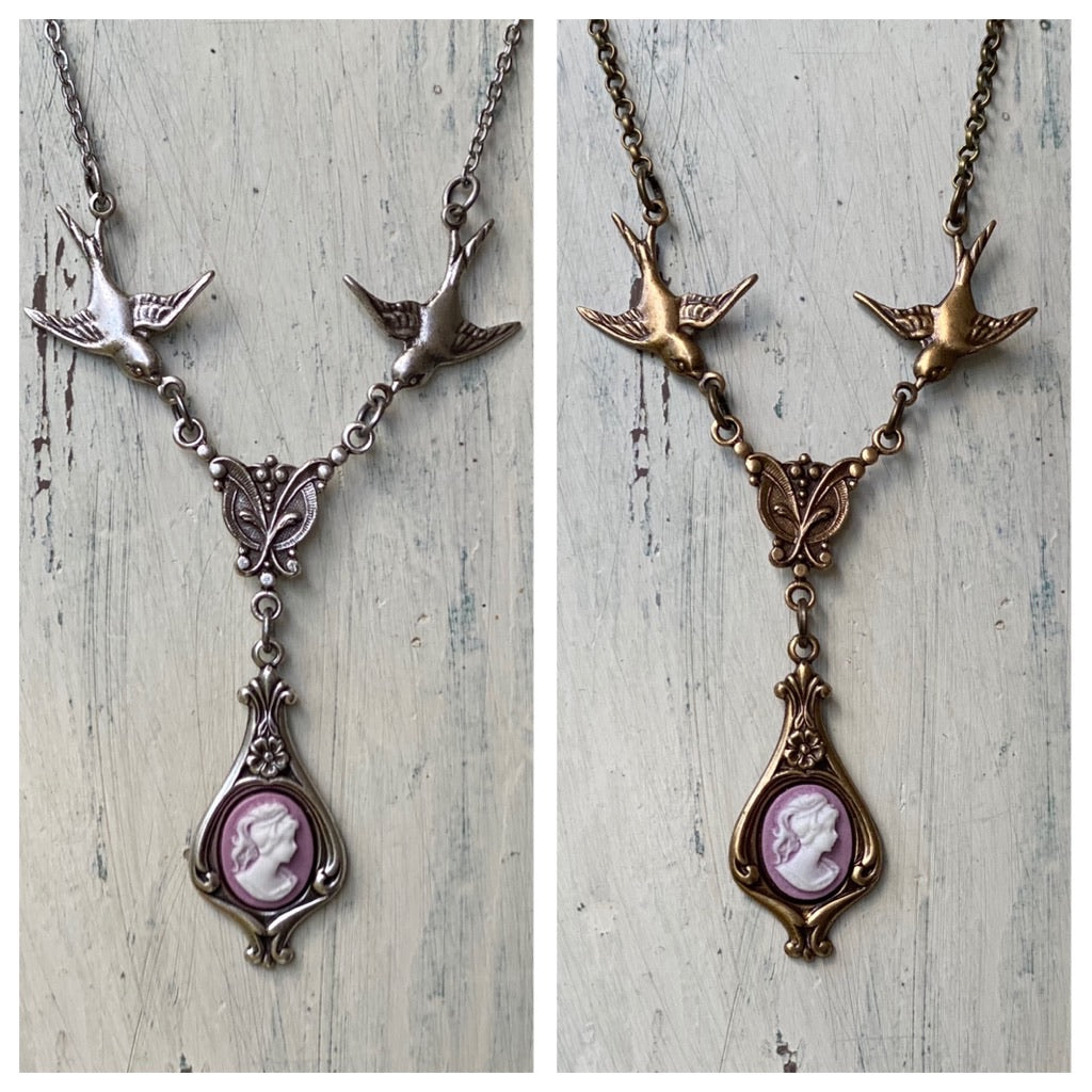 Lady Cameo Necklace with Birds