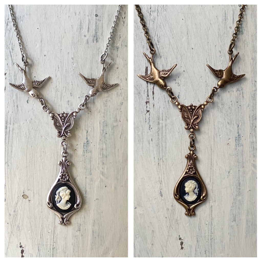 Lady Cameo Necklace with Birds