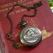 Mechanical Train Pocket Watch on Fob or Necklace Chain in Antiqued Brass