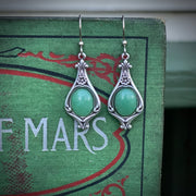 Antiqued silver vintage style stone drop green aventurine oval mineral hook earrings.