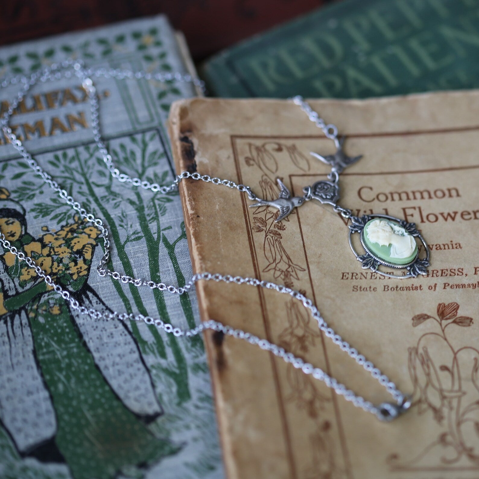 Antiqued silver Victorian lady white on green cameo necklace on a chain with birds.