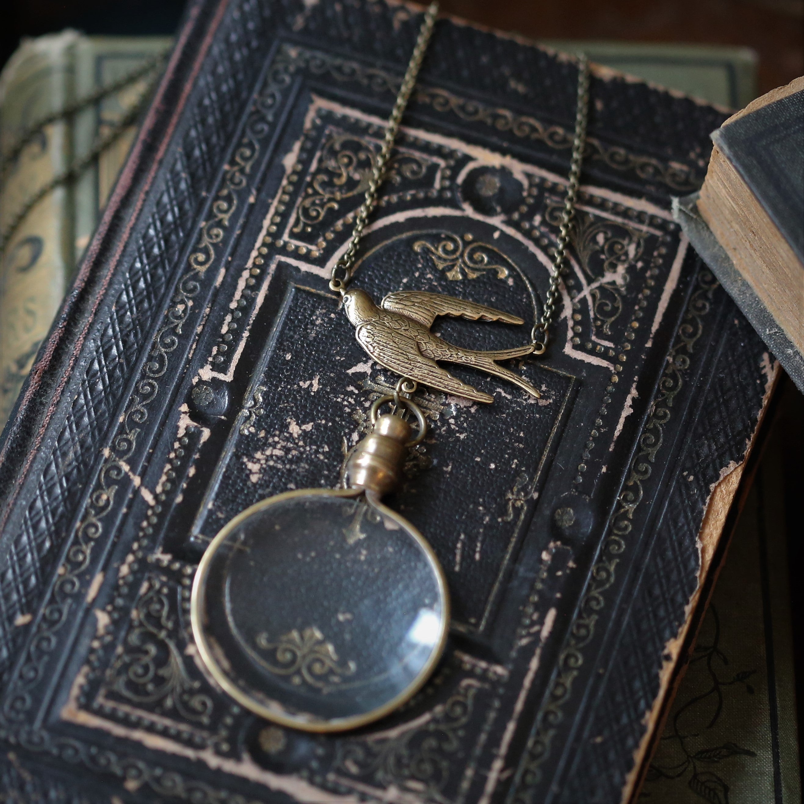 Antiqued brass round-lens glass magnifying glass attached to a sparrow connector and a necklace chain.