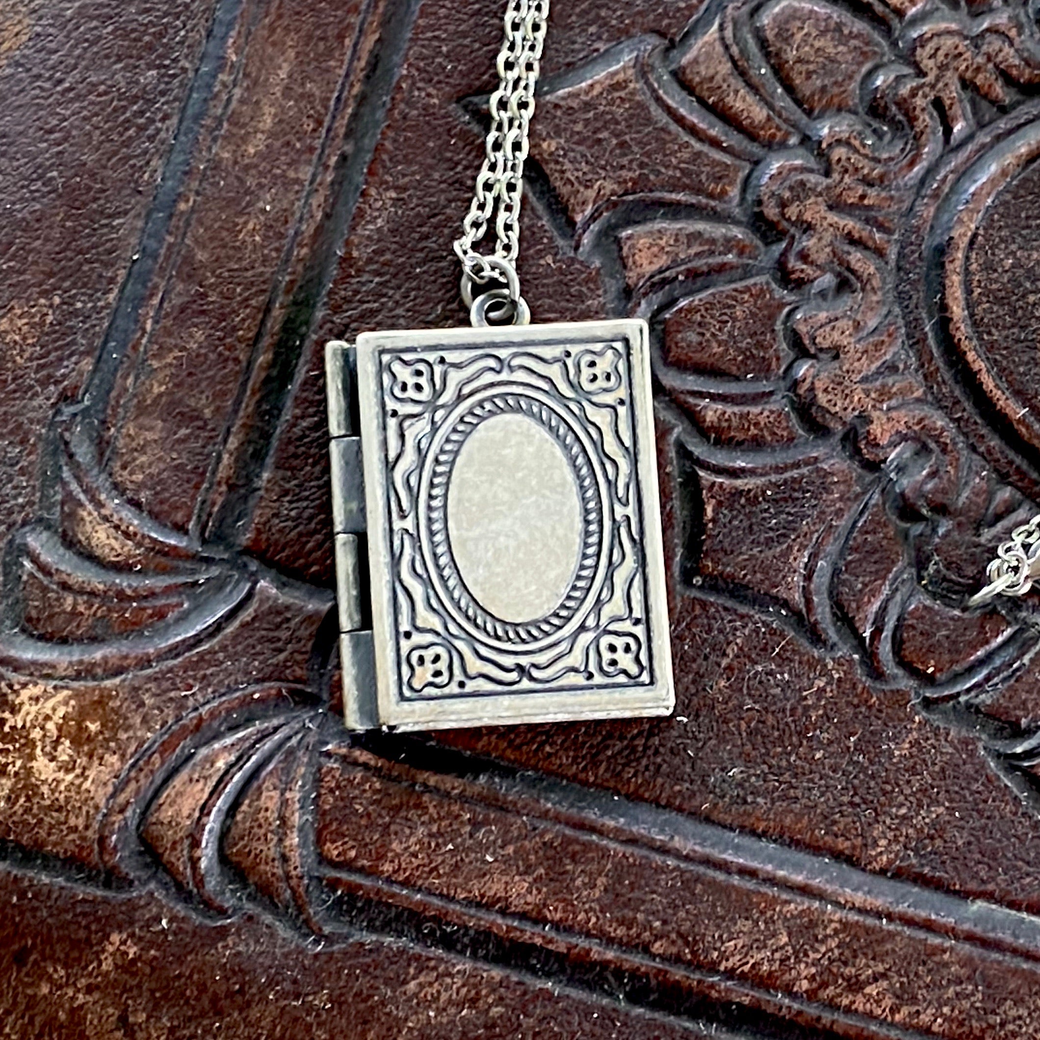 Antiqued silver book locket