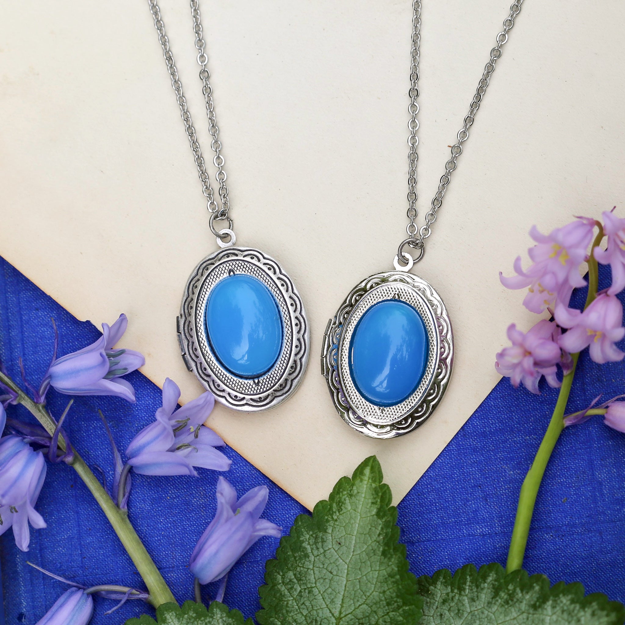 antiqued silver vintage style blue agate semi-precious mineral oval stone lockets in winter fairy style