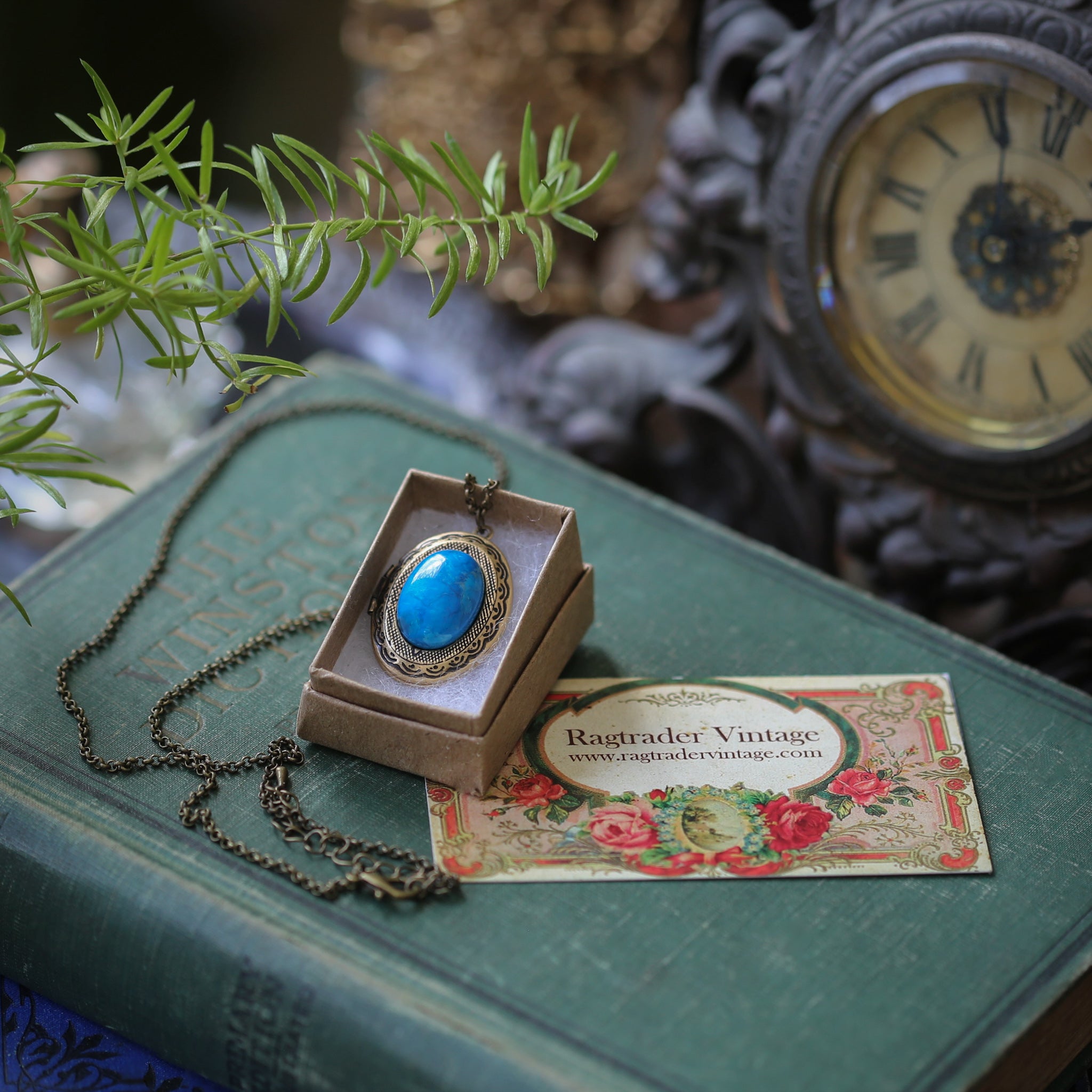 antiqued brass vintage style blue semi-precious mineral oval stone lockets make a meaningful gift for a loved one