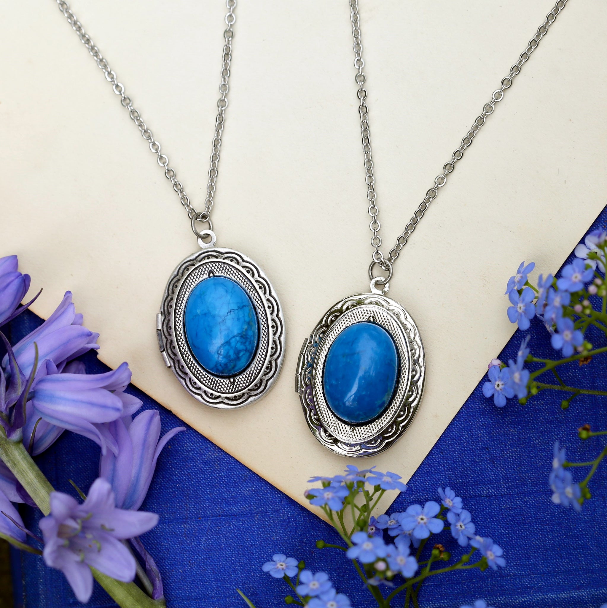 antiqued silver vintage style blue agate semi-precious mineral oval stone lockets in coastal cowgirl style