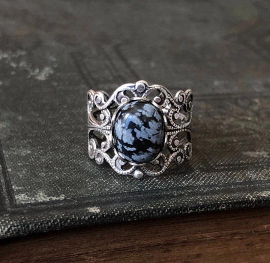 DHRUVANSH CREATIONS Snowflake Obsidian Coffin Ring – Sterling Silver 925, Handmade Gemstone Ring Size 9.5