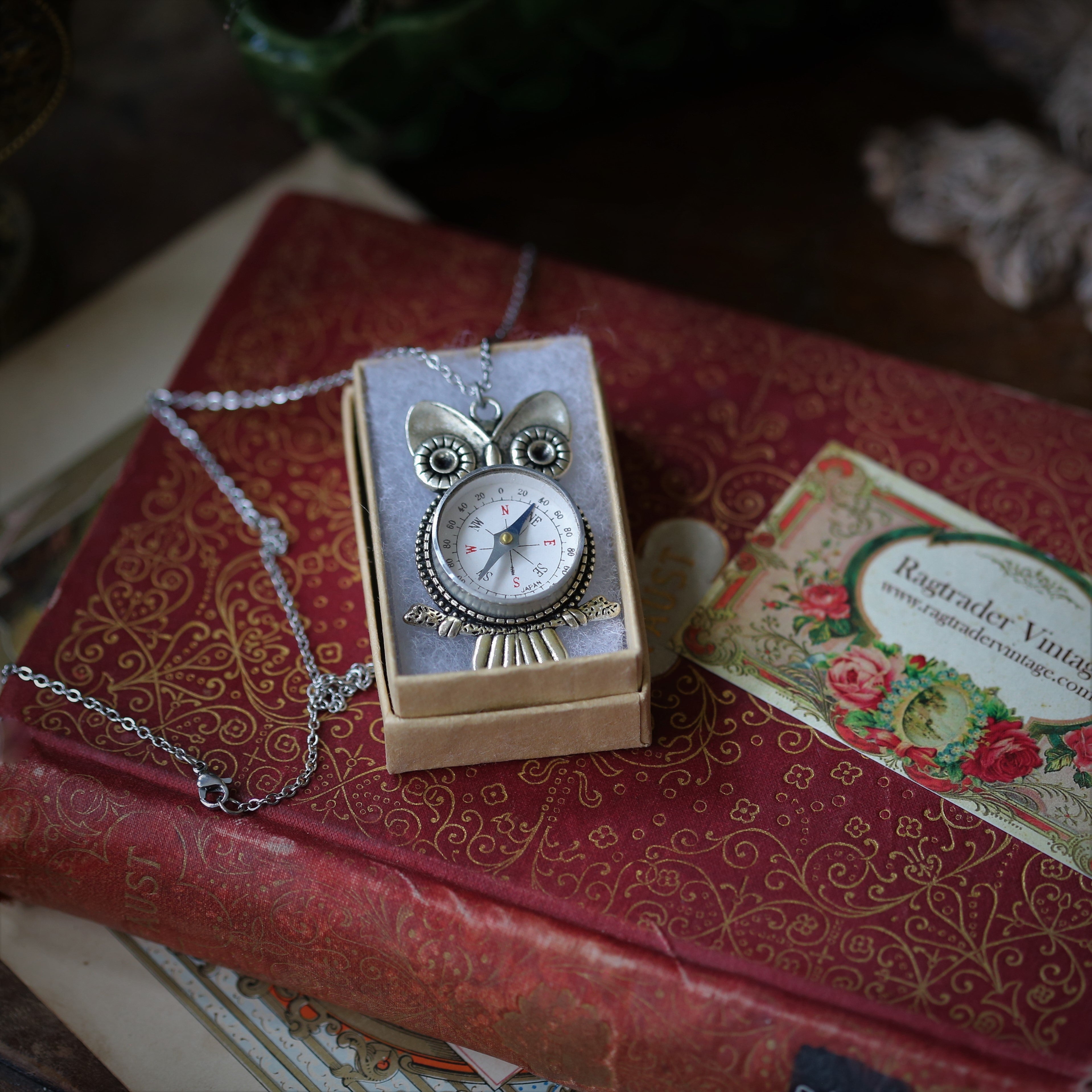 Vintage Owl Compass Necklass on Antiqued Silver Chain