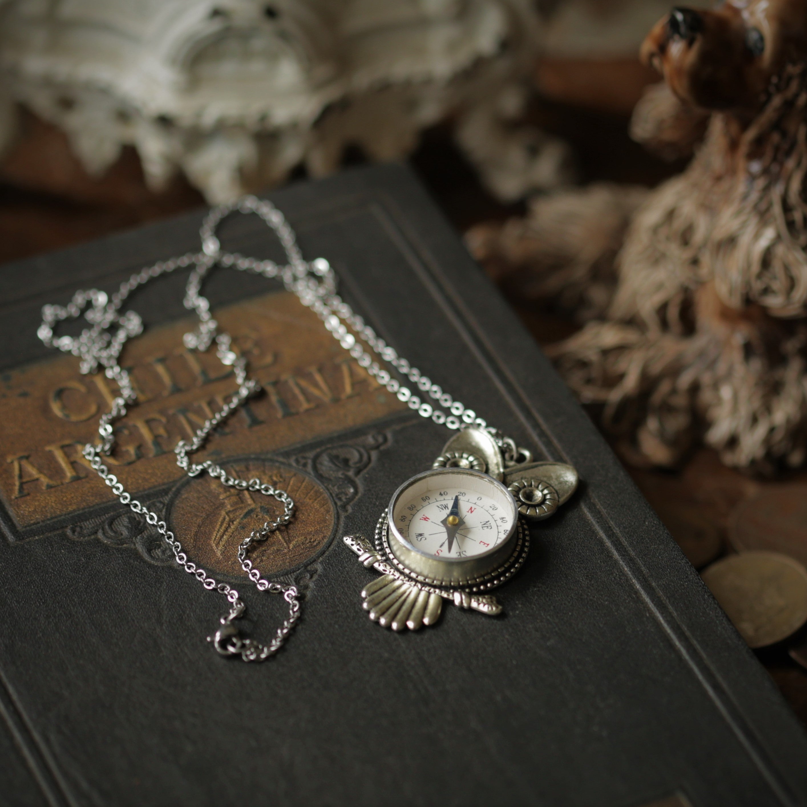 Vintage Owl Compass Necklass on Antiqued Silver Chain