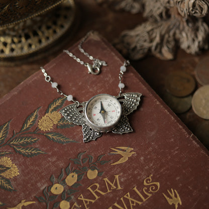 Butterfly Filigree Compass Short Necklace in Antique Silver with Translucent White Beads
