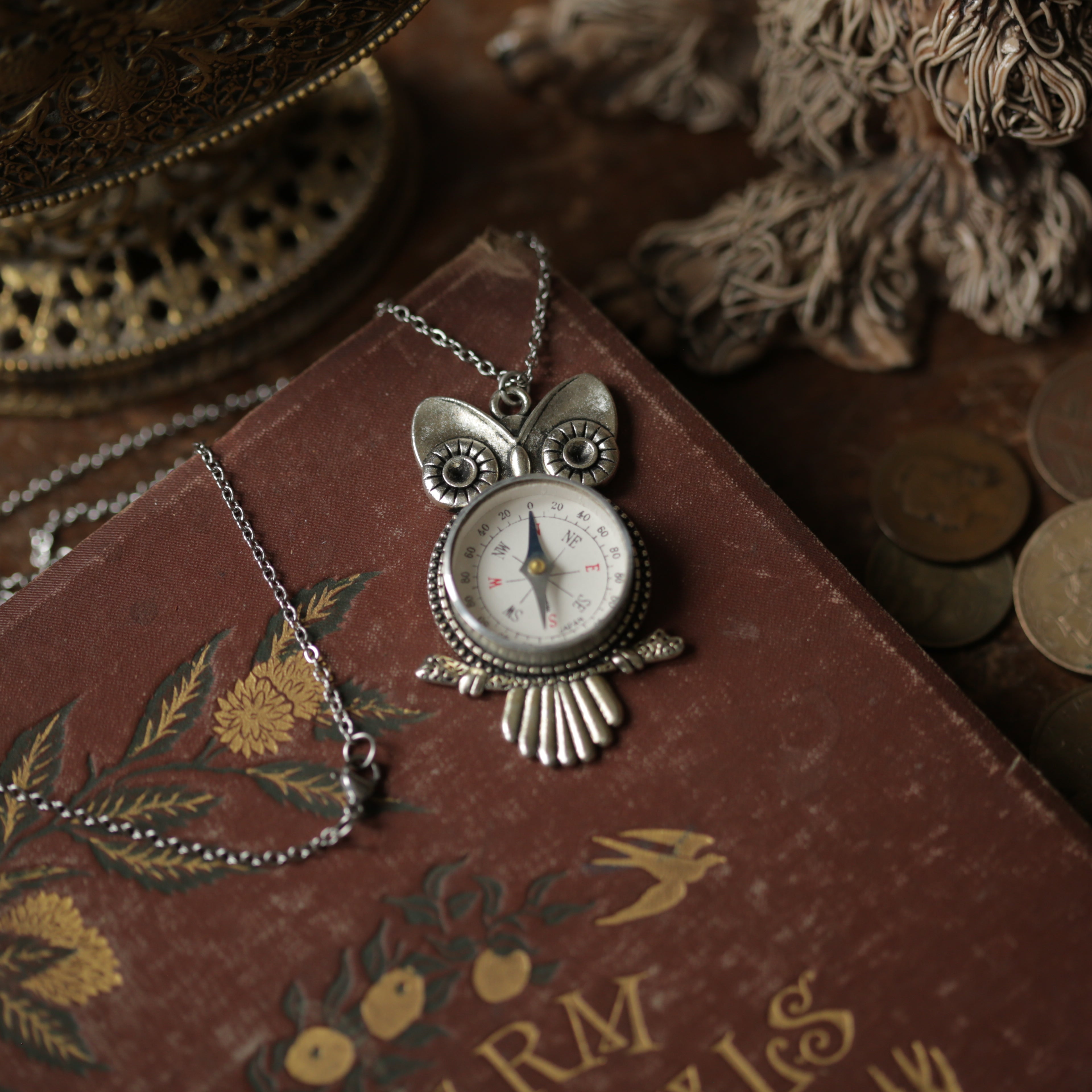 Vintage Owl Compass Necklass on Antiqued Silver Chain