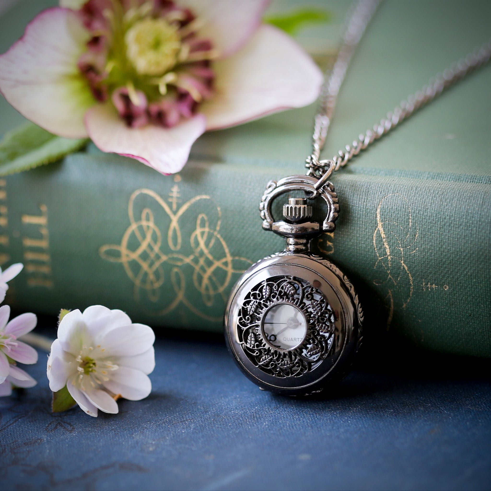 Gunmetal Tendrils Pocket Watch Necklace