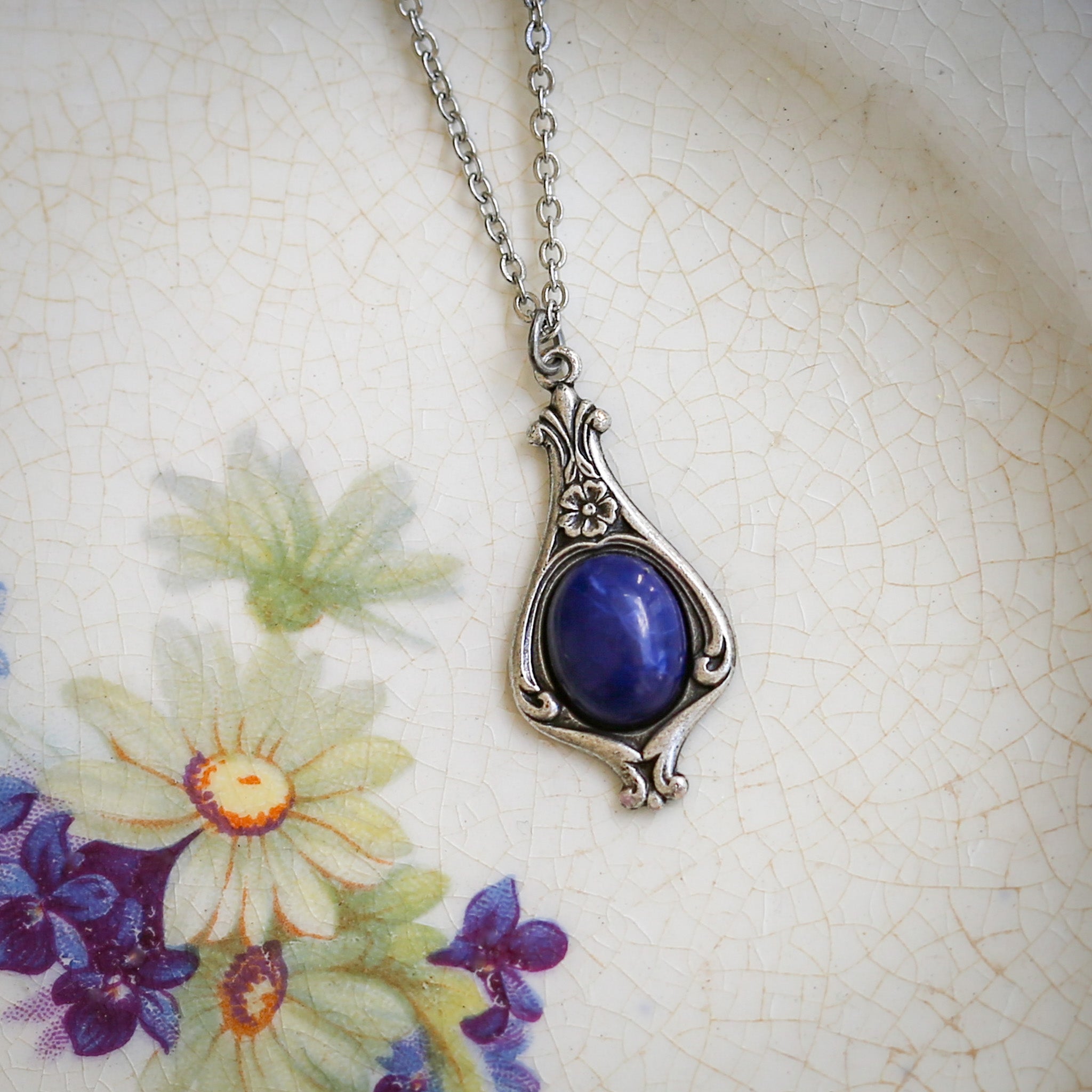 Blue-Toned Stone Drop Necklace