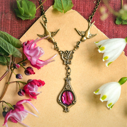 Pink or Purple Stone Necklace with Birds
