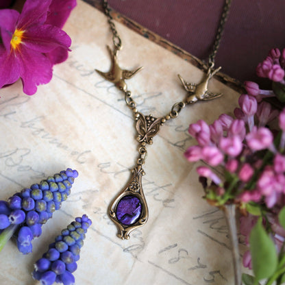 Pink or Purple Stone Necklace with Birds
