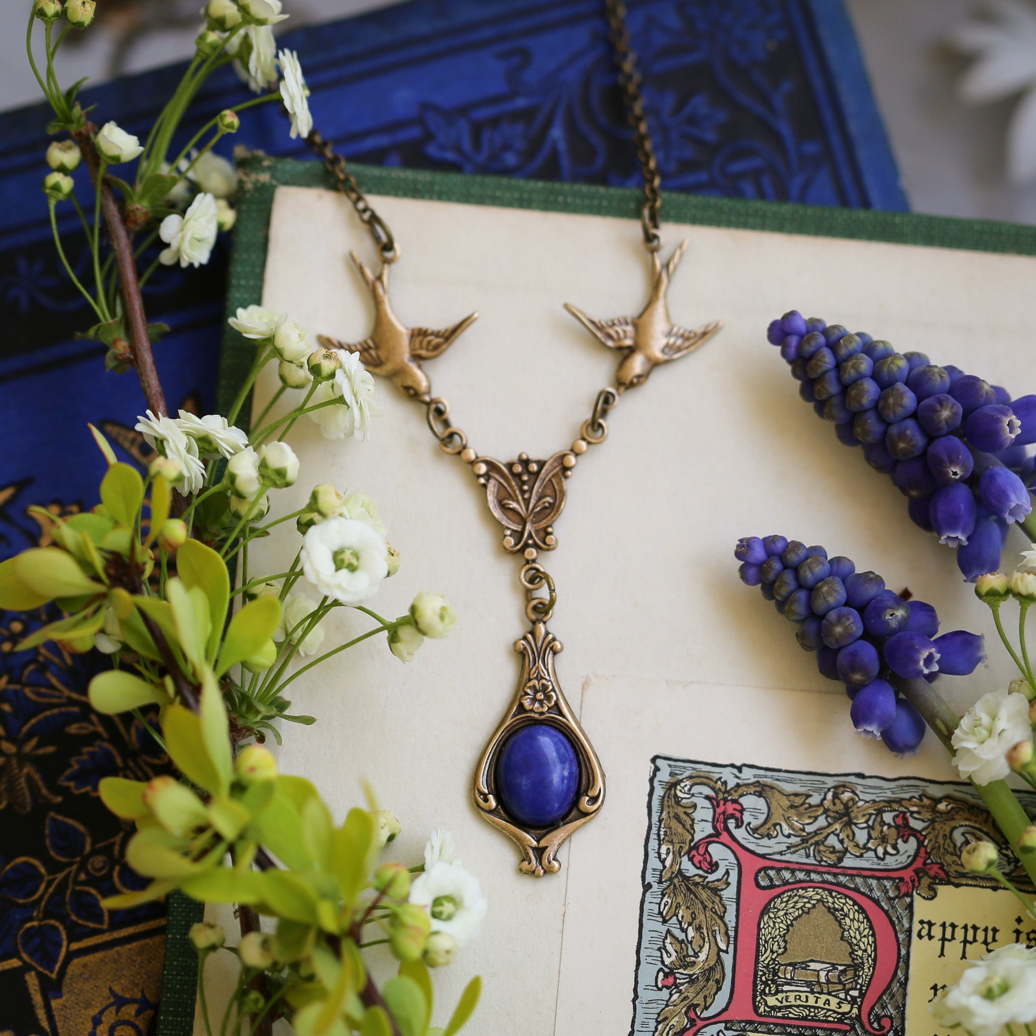 Blue Stone Necklace with Birds
