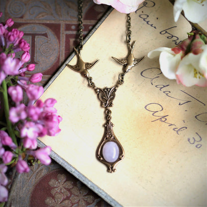 Pink or Purple Stone Necklace with Birds